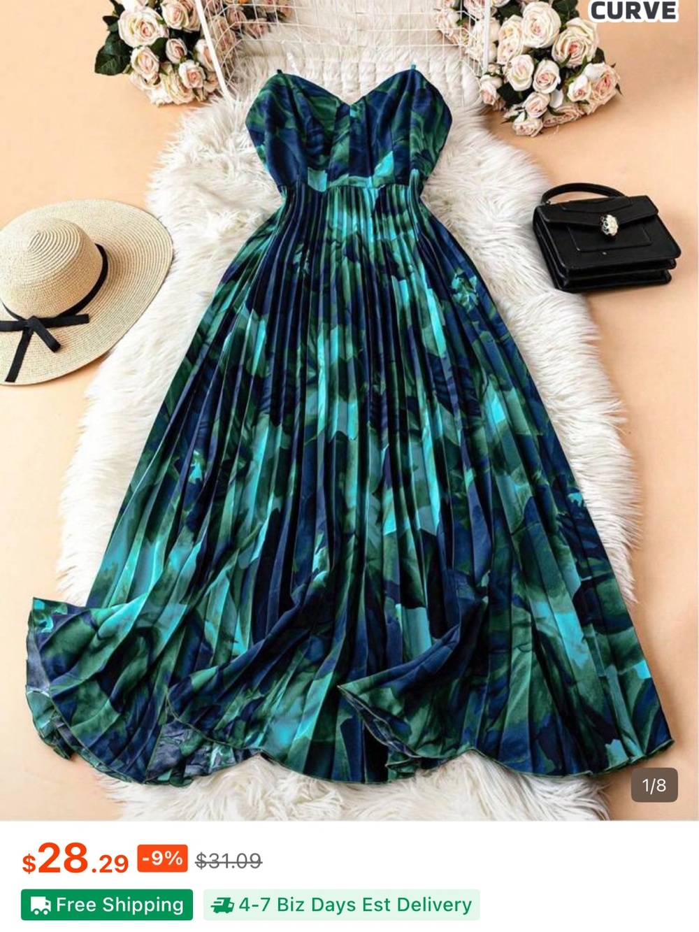 SHEIN curve plus 2XL Strapless Pleated Maxi Dress in Teal & Navy Abstract